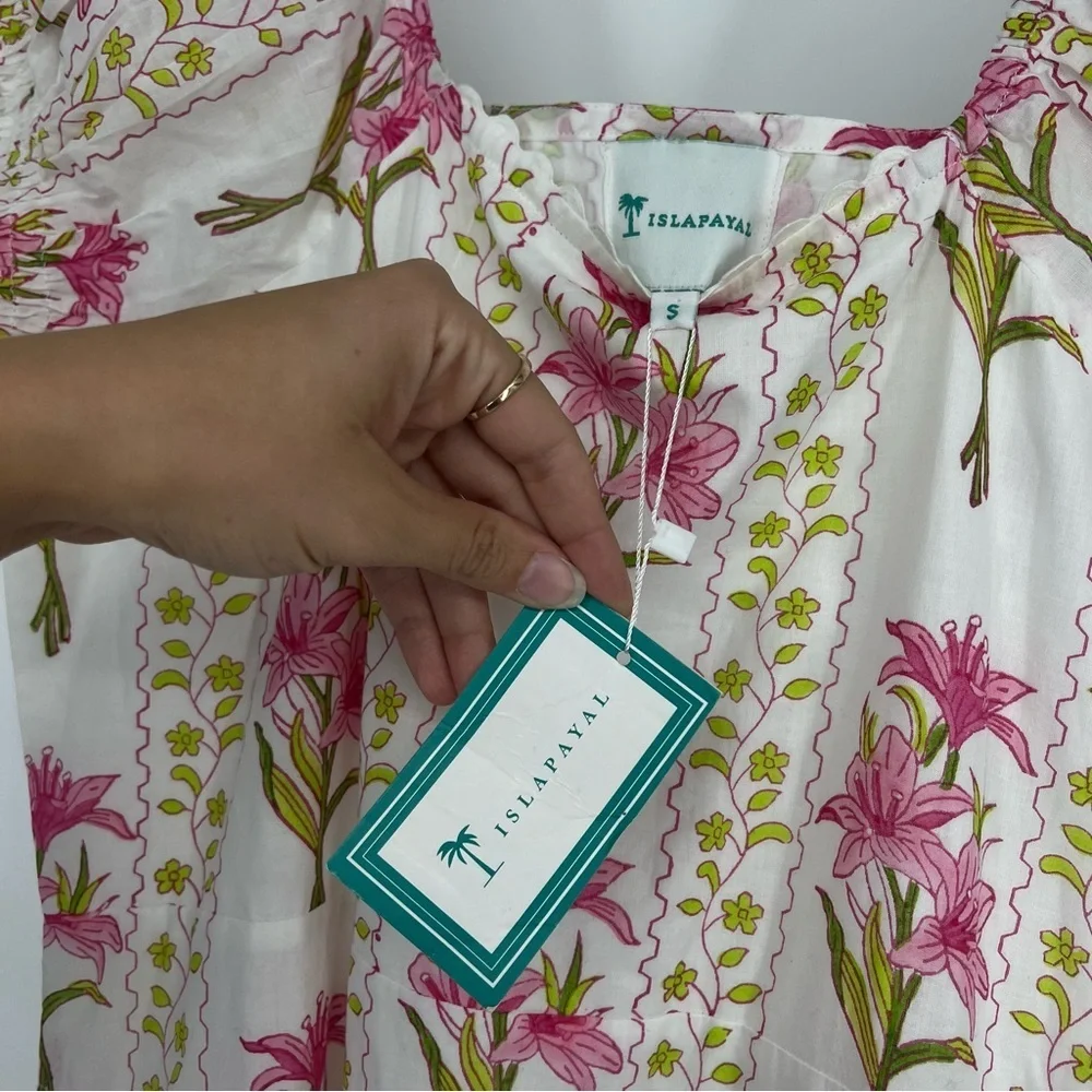 Islapayal Pink Floral Puff Sleeve Off-the-Shoulder Bohemian Midi Dress Small NWT - Picture 4 of 9